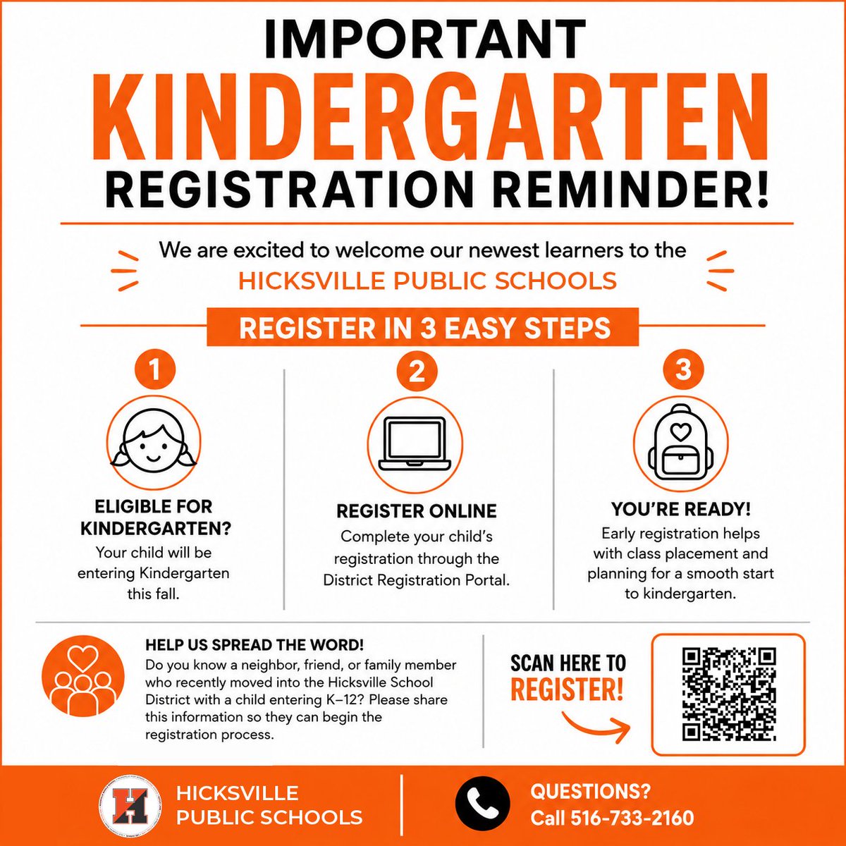 HicksvillePS's tweet photo. Kindergarten Registration is still open! 🍎

📱 Scan the QR code or visit our District Registration Portal.
☎️ Questions? Call 516-733-2160.

https://t.co/Z1WfUChWaS https://t.co/lbGjHNiICY