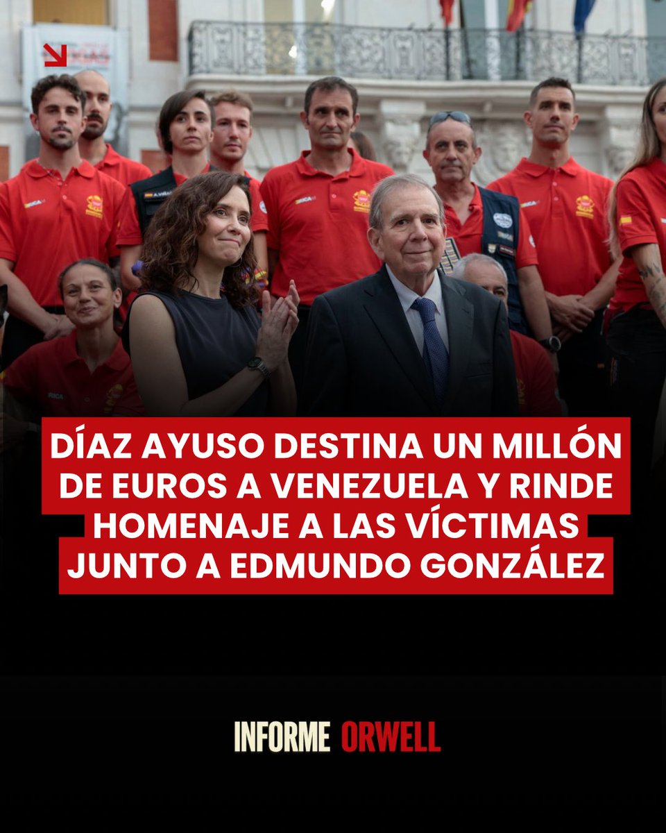 InformeOrwell's tweet photo. 🇪🇸🇻🇪‼️ | La presidenta de la Comunidad de Madrid, Isabel Díaz Ayuso, anunció la asignación de un millón de euros en ayuda humanitaria para Venezuela, en un acto celebrado en la emblemática Puerta del Sol junto al presidente legítimo de Venezuela, Edmundo González Urrutia. https://t.co/U5k4ZSlHJK