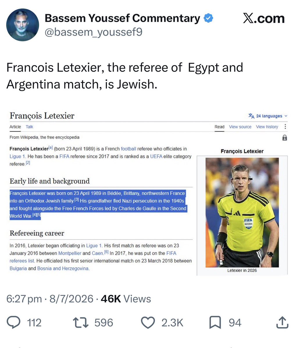 DrewPavlou's tweet photo. Egyptians are now editing the French ref’s Wikipedia page to claim he’s Jewish.

This type of retardation is killing the Middle East. This is why your countries are poor and backwards. https://t.co/KWCqAJ7V4M