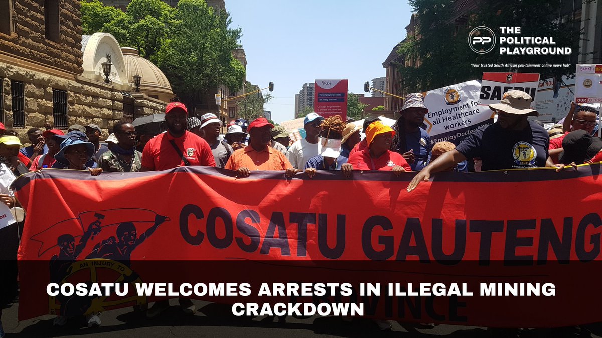 ThePPLiveSA's tweet photo. The Congress of South African Trade Unions (Cosatu) in Gauteng has welcomed the arrest of more than 150 suspected illegal miners during a joint operation by the police, South African National Defence Force (SANDF) and Sibanye Protection Services at Kloof Mine in Westonaria. https://t.co/Rs1xIxEhFG