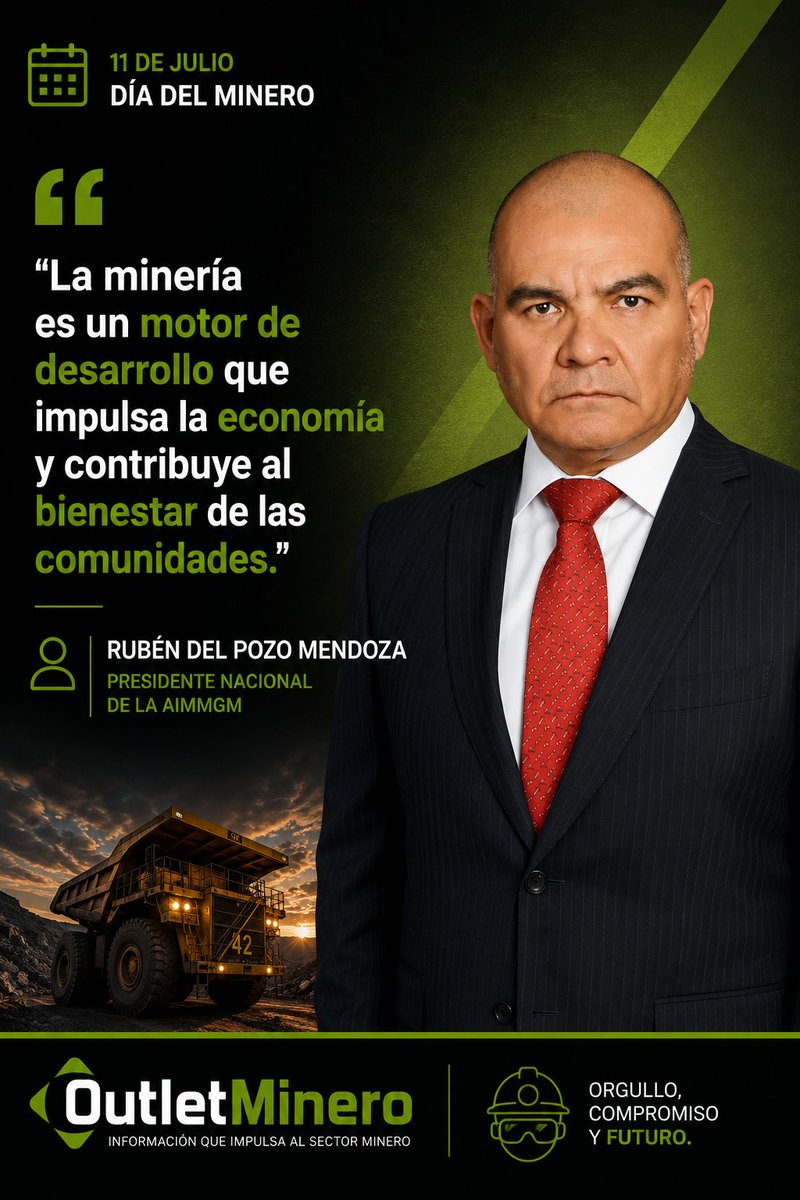 Outletminero's tweet photo. En el Día del Minero, reconocemos la labor de miles de mujeres y hombres que, con profesionalismo y compromiso, fortalecen una industria fundamental para el desarrollo económico y social del país.

Rubén del Pozo Mendoza, presidente nacional de la AIMMGM, destaca que la minería es un motor de desarrollo que impulsa la economía y contribuye al bienestar de las comunidades.

#DíaDelMinero #Minería #IndustriaMinera #AIMMGM