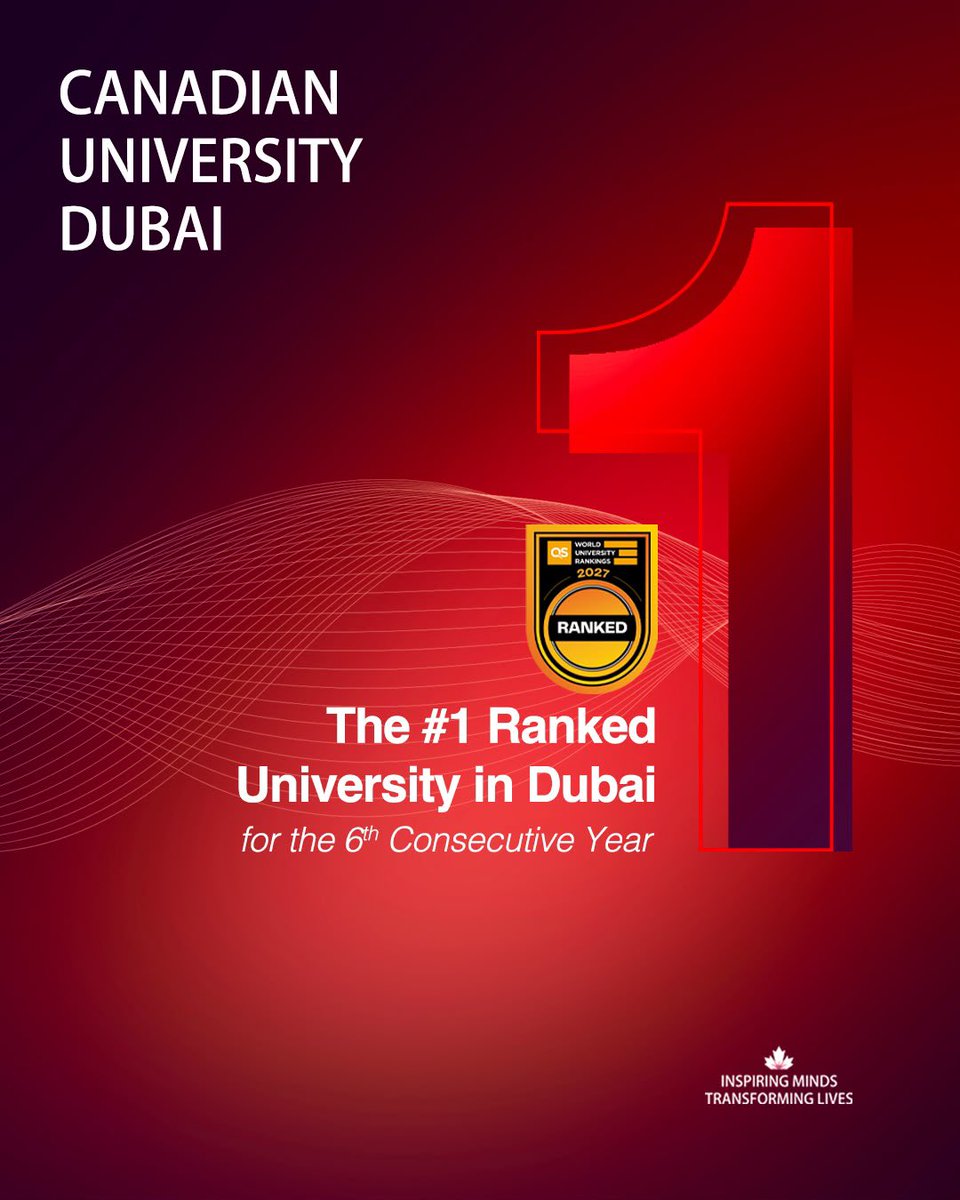 CUDUAE's tweet photo. Six consecutive years at #1.

Canadian University Dubai is proud to be ranked the #1 University in Dubai in the QS World University Rankings 2027, continuing our legacy of excellence. https://t.co/ZwyfGTpXHm