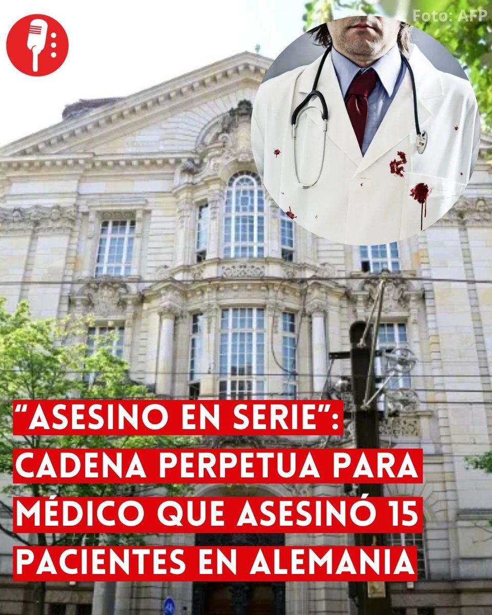 ReporterosMX_'s tweet photo. ⭕ OJO | “ASESINO EN SERIE”: CADENA PERPETUA PARA MÉDICO QUE ASESINÓ 15 PACIENTES EN ALEMANIA

Un tribunal de Berlín condenó a cadena perpetua a Johannes M., un médico alemán especializado en cuidados paliativos, tras hallarlo culpable del asesinato de 15 pacientes durante visitas domiciliarias entre septiembre de 2021 y julio de 2024. La jueza Sylvia Busch describió al acusado como un "asesino en serie" y las autoridades investigan otros 70 casos que podrían estar relacionados con el médico.
https://t.co/BzxzkZVPpx