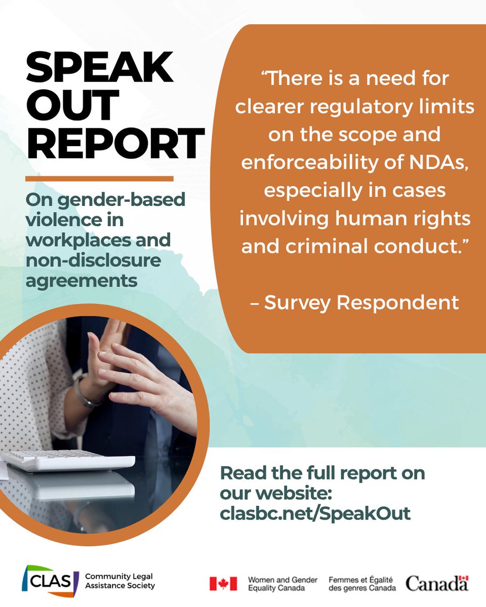 clasbc's tweet photo. Respondents from our Speak Out project report shared how NDAs were used against them when experiencing gender-based violence at work. 

🔗 Read the report: https://t.co/uEaZooZt53

📢 Learn about our project: https://t.co/1KXJBEa7SK 

#BeInformedBeSHARP #NDA https://t.co/IB8X64mhUl