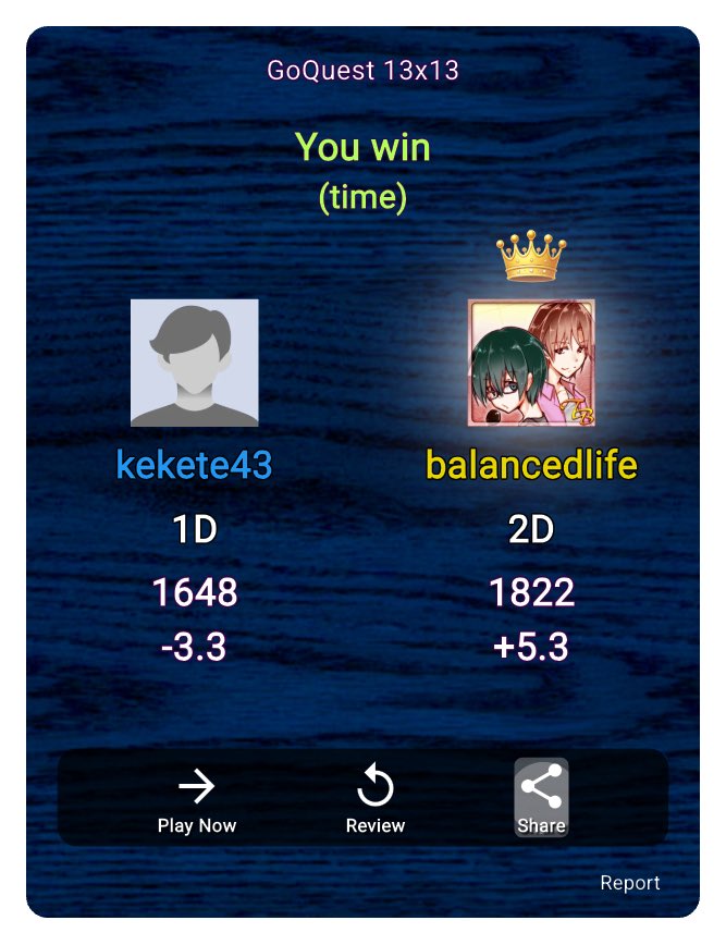 hideki41870848's tweet photo. GoQuest 【13x13】Game kekete43[1648] 対 balancedlife[1822] https://t.co/SLJHgtIxB8 #GoQuest #囲碁クエスト #baduk https://t.co/98NrHdDwIt