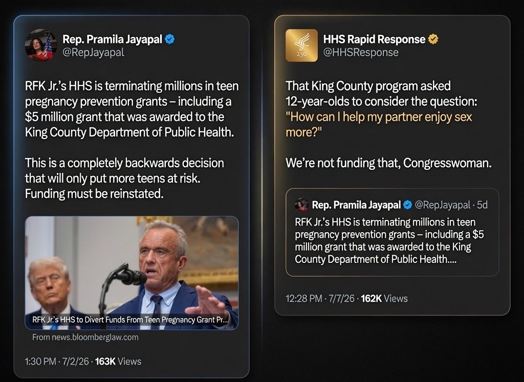 MJTruthUltra's tweet photo. Dem Pramila Jaypal:
“RFK terminated $5 million grant to the King County Department of Health”

HHS:
King County program wants 12-year-olds to ask themselves — “How can I help my partner enjoy sex more?”We’re not funding that.

The Democrat party is sick! https://t.co/r70acrLZER