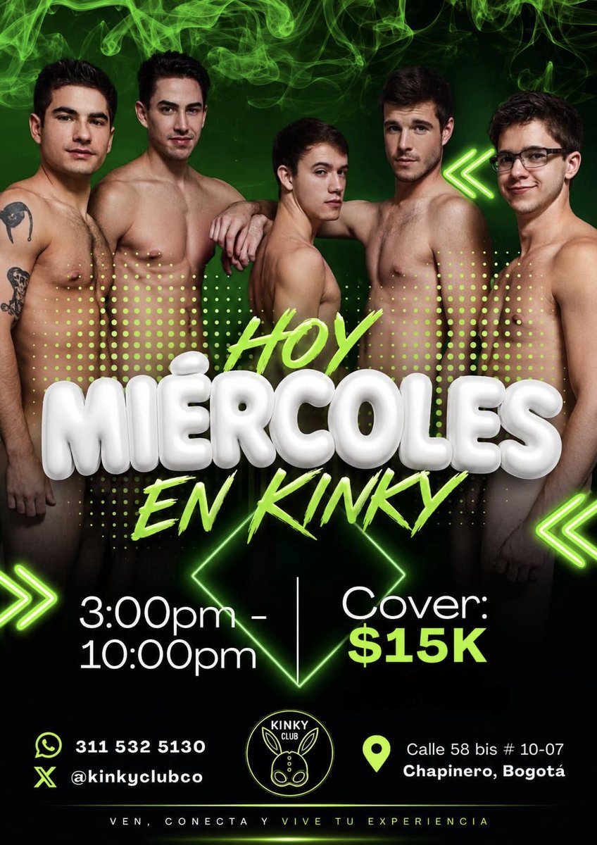 kinkyclubco's tweet photo. 😈 MIÉRCOLES | KINKY CLUB 🔥

🕒 3:00 p.m. – 10:00 p.m.
💵 Cover: $15K
📍 Chapinero, Bogotá

📲 311 532 5130

#KinkyClub #BogotaGay #GayParty https://t.co/YWgi2YJ0sg