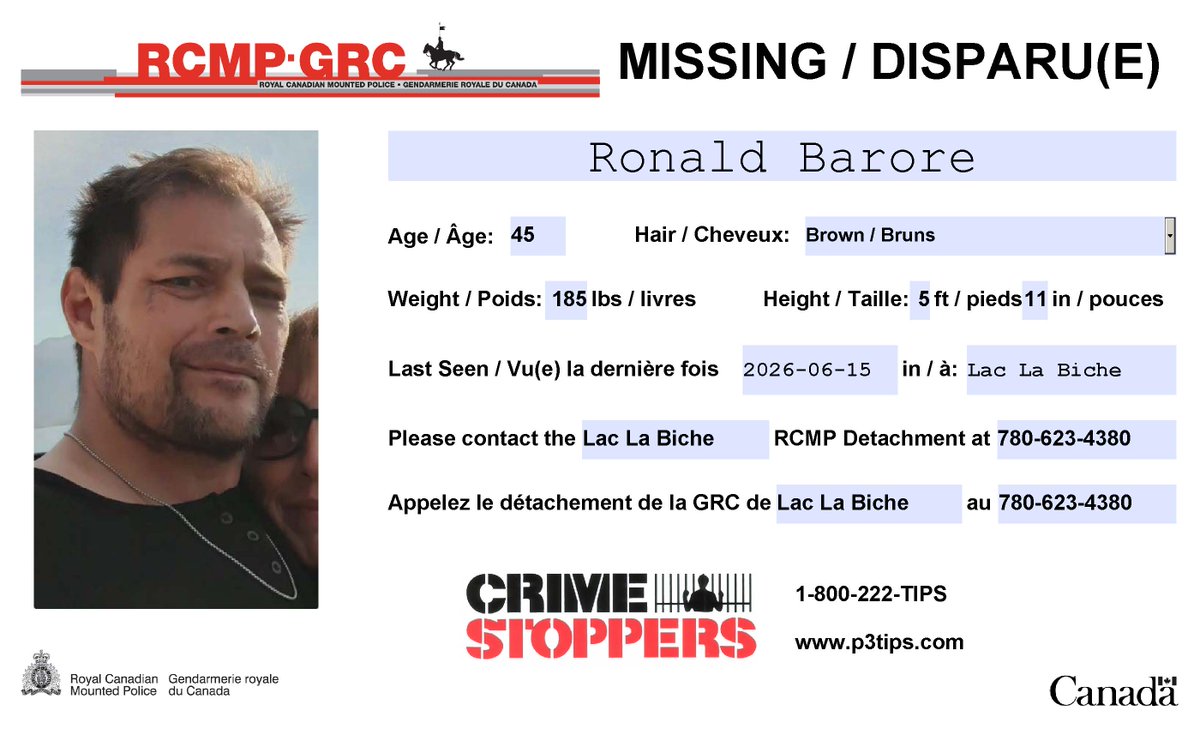 RCMPAlberta's tweet photo. #Missing: Ronald Barore, 45, #LacLaBiche. https://t.co/uPgApqb71K