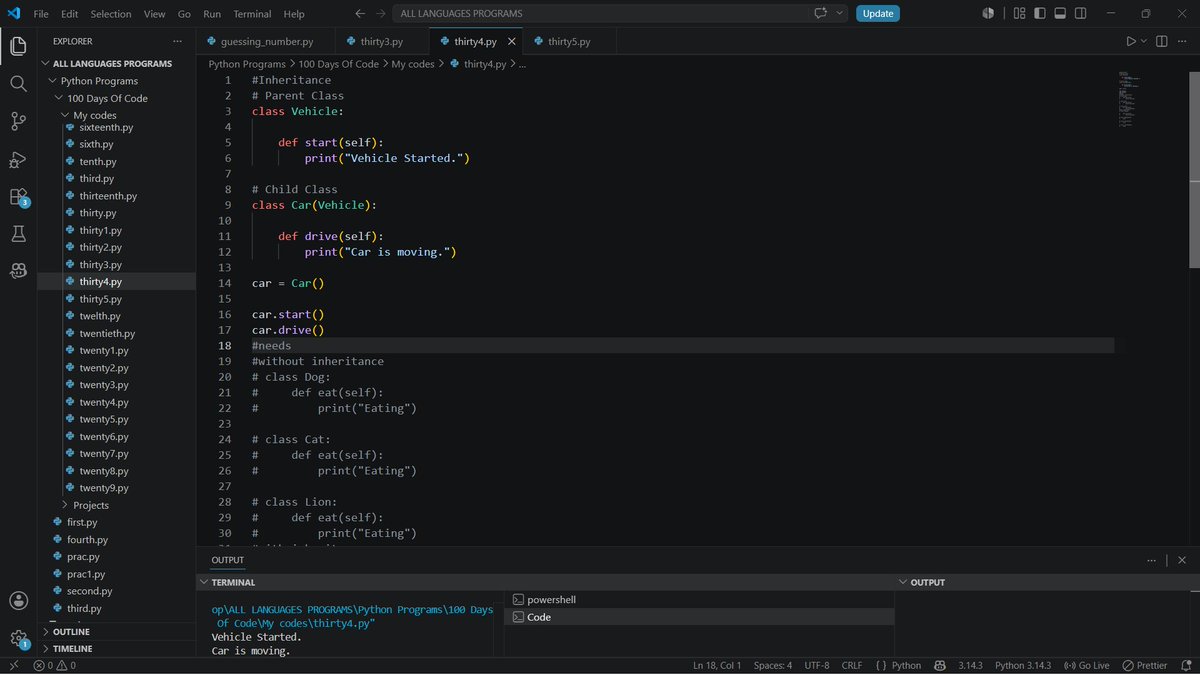 belladonnaxz_'s tweet photo. #100DaysOfCode DAY 10
Today's lessons:
• Inheritance
• Getters & Setters
• Access Modifiers
OOP is starting to make more sense with each lesson. Looking forward to putting these concepts into practice. 🚀
#100DaysOfCode #Python #Programming #CodeWithFun #oops #Coding https://t.co/EPAVusamji