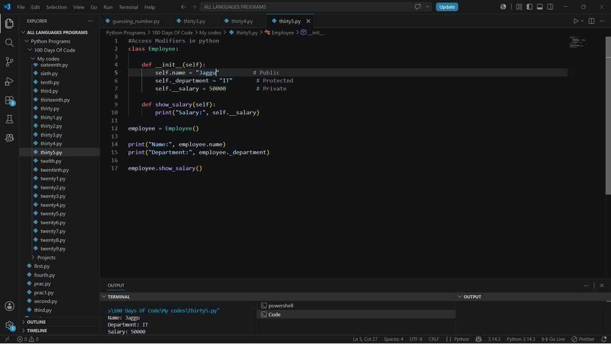 belladonnaxz_'s tweet photo. #100DaysOfCode DAY 10
Today's lessons:
• Inheritance
• Getters & Setters
• Access Modifiers
OOP is starting to make more sense with each lesson. Looking forward to putting these concepts into practice. 🚀
#100DaysOfCode #Python #Programming #CodeWithFun #oops #Coding https://t.co/EPAVusamji