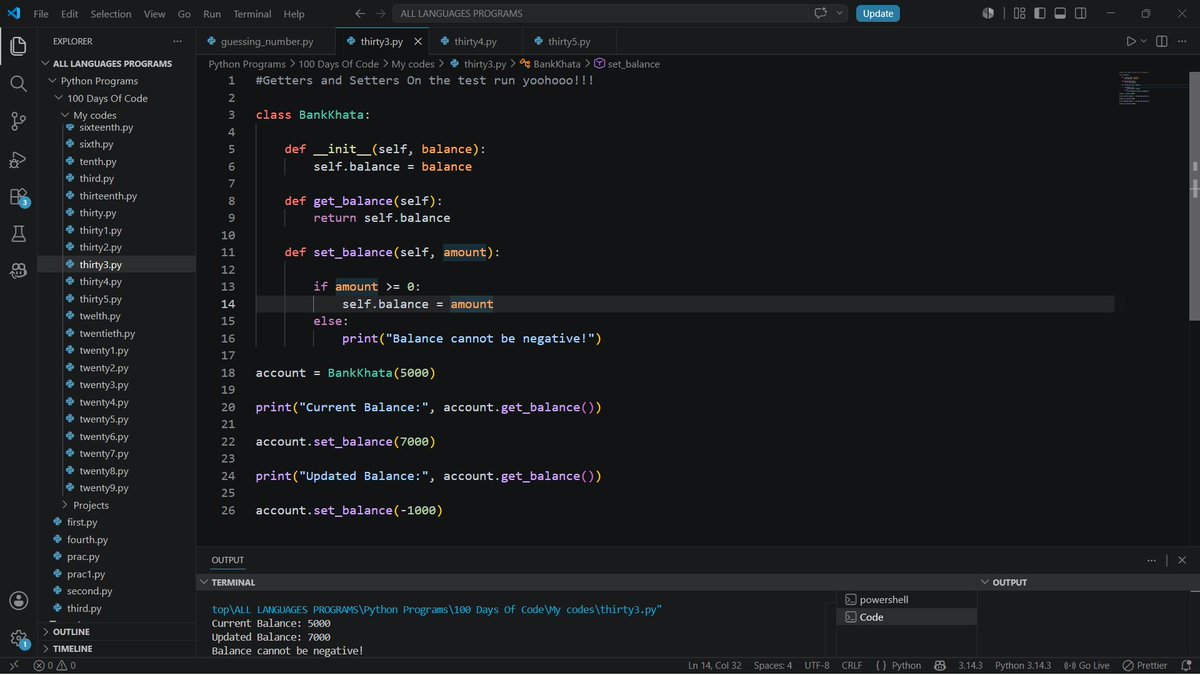 belladonnaxz_'s tweet photo. #100DaysOfCode DAY 10
Today's lessons:
• Inheritance
• Getters & Setters
• Access Modifiers
OOP is starting to make more sense with each lesson. Looking forward to putting these concepts into practice. 🚀
#100DaysOfCode #Python #Programming #CodeWithFun #oops #Coding https://t.co/EPAVusamji