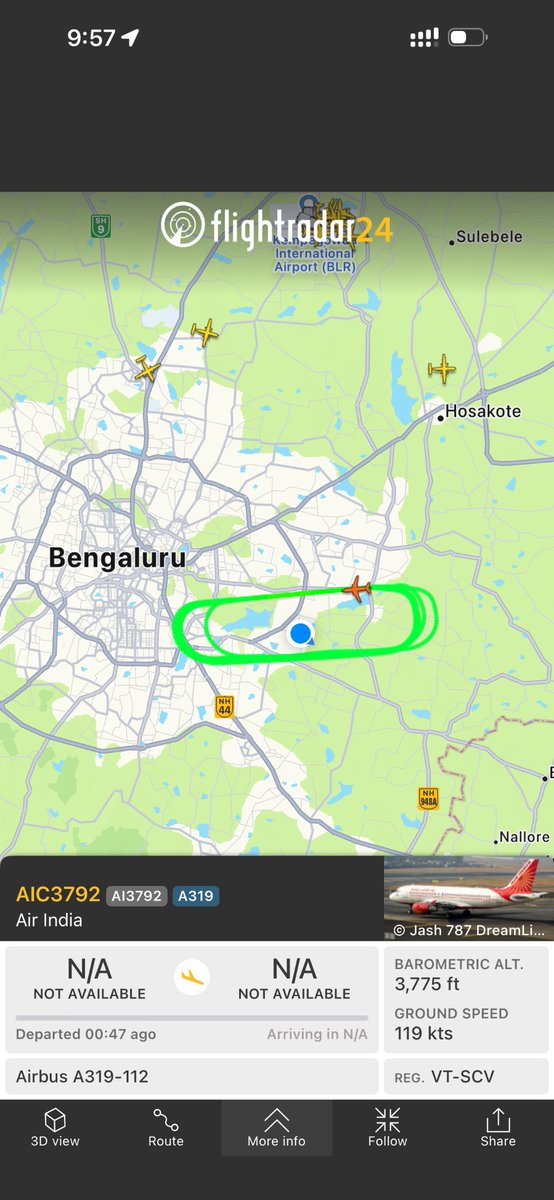 samagrak's tweet photo. What’s up with this flight AI2792 hovering every night at 3000-4000fts making circles? @airindia @AAI_Official @aaiblrairport https://t.co/0Of2cFxaqV