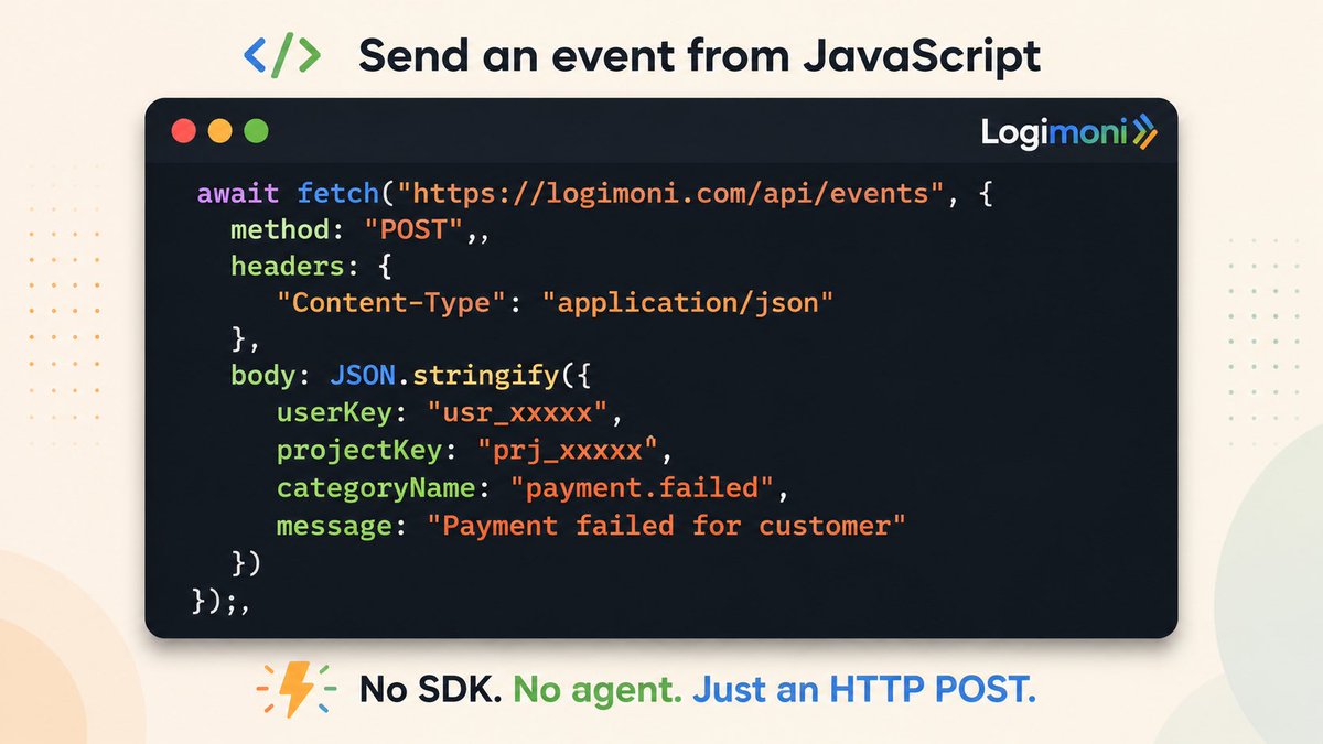 logimoniapp's tweet photo. Send an event from JavaScript.

No SDK.

No agent.

Just an HTTP POST.

Send important events from any stack.

https://t.co/zbIMoodwlH https://t.co/i9Ll3TXMji