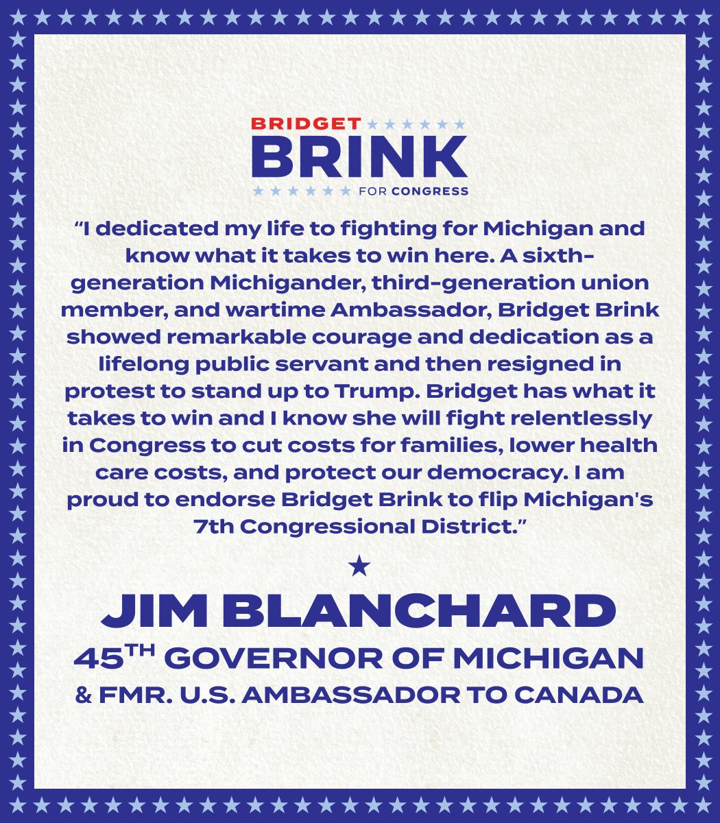 AmbBridgetBrink's tweet photo. Governor Jim Blanchard has devoted his life to serving Michigan's working families, leading our state through one of the worst economic crises in our history. I am honored &amp; thrilled to receive his endorsement for our campaign to flip MI07! https://t.co/av5OrUg9rb