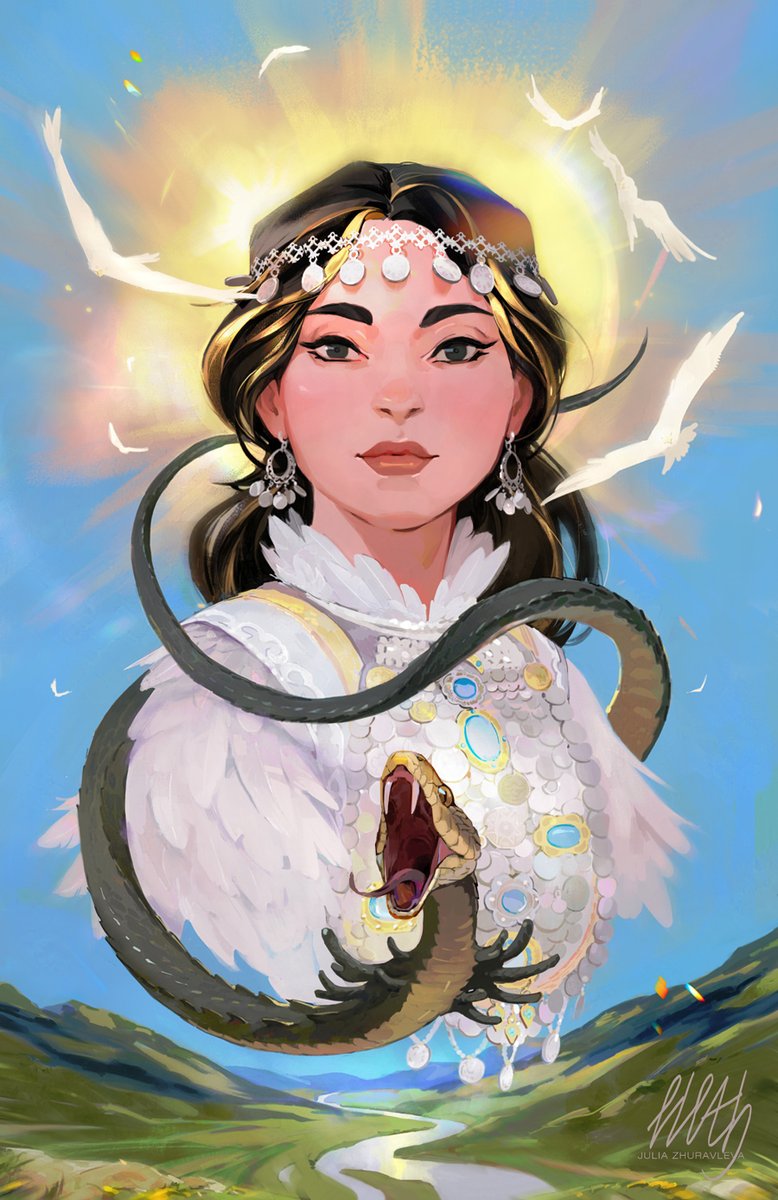 eleth_art's tweet photo. A scene from the epic ‘Ural-Batyr’, about how the serpent Zarkum swallowed the magical stag and choked on it, all to gain ability to transform into a handsome guy so he could woo bird-maiden Homay 😭 Even though Zarkum is a scoundrel in the story, this episode moved me :D https://t.co/MB6PzR0yOe