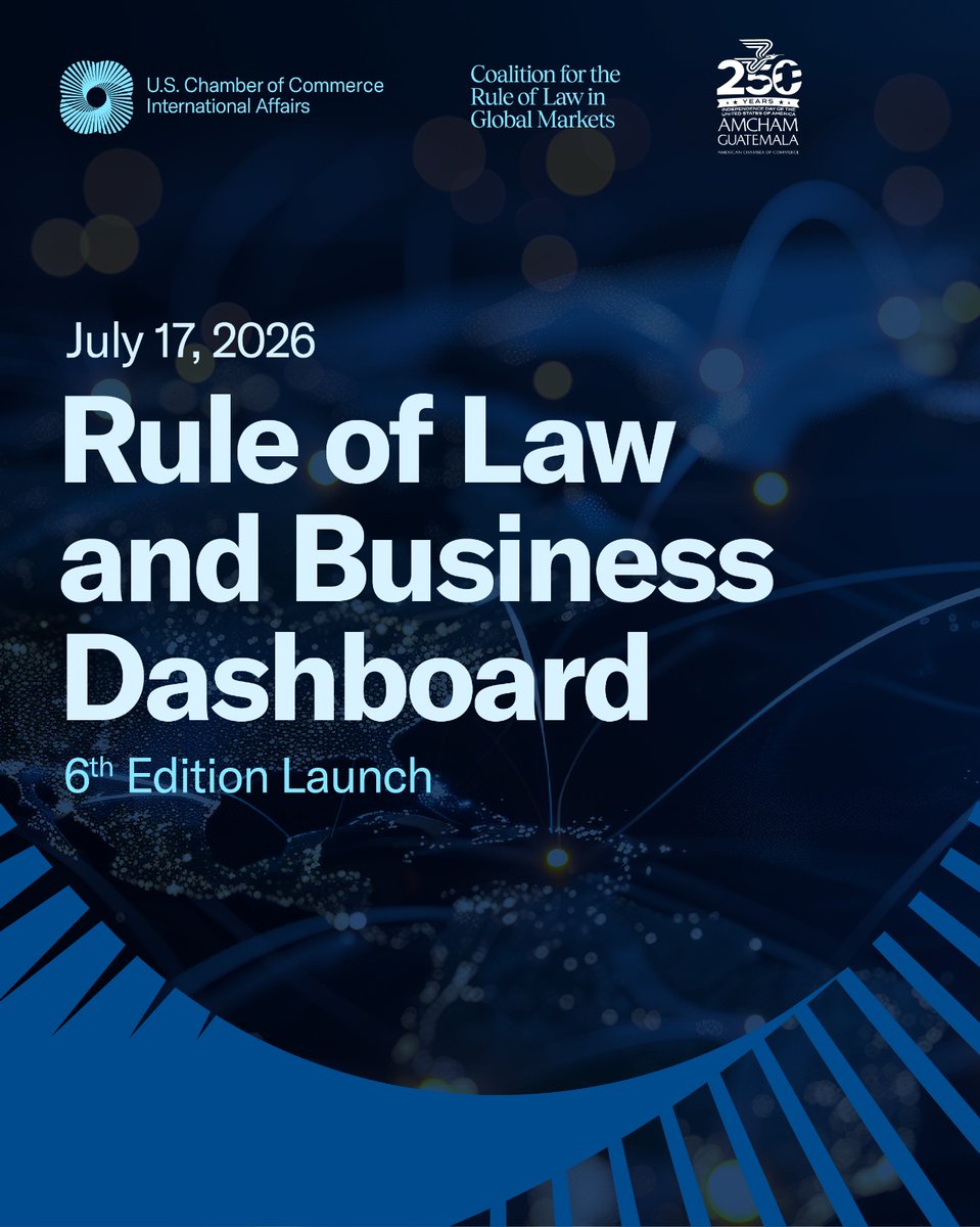 AmChamGT's tweet photo. El Estado de Derecho es un pilar para la inversión, la competitividad y el desarrollo económico.

AmCham Guatemala, en alianza con la @USChamber y la Coalition for the Rule of Law in Global Markets, le invita al lanzamiento de la 6.ª edición del Rule of Law and Business Dashboard, un espacio para conocer indicadores, tendencias y su impacto en el entorno empresarial.

📅 Julio 2027
💻 Modalidad virtual
🕘 9:00 a. m. – 11:00 a. m.

Más información
📞 Yesenia de Franco | 3009 0379
📧 ydefranco@amcham.gt