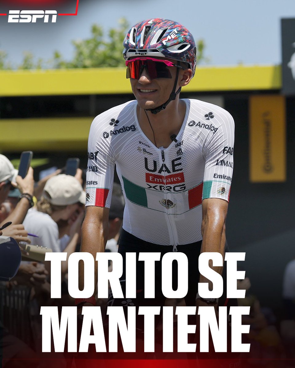 ESPNmx's tweet photo. ¡VAMOS, TORITO! 👏 🇲🇽

Isaac del Toro continúa en la octava posición general del Tour de Francia. El mexicano finalizó 32 la Etapa 5 y Olav Kooij fue el ganador. 

El de Ensenada está a 8´17" del líder general y este jueves se corre la Etapa 6, un día clave para los favoritos. https://t.co/MrRyR7MRL6