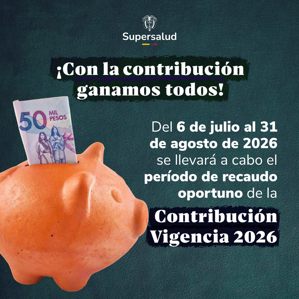 Supersalud's tweet photo. Se informa que se encuentra habilitado el periodo de recaudo correspondiente a la contribución 2026, conforme a lo establecido en la normatividad vigente.
🔗 Verifique fechas y condiciones: https://t.co/TJxQFXQN7m https://t.co/pXtoZRNNxD