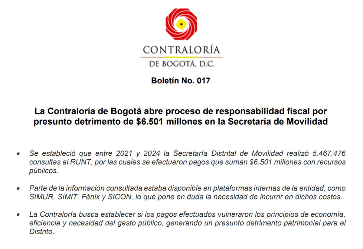 ContraloriaBta's tweet photo. 🚨 #Atención | Abrimos proceso de responsabilidad fiscal por un presunto detrimento patrimonial superior a $6.500 millones en la Secretaría de Movilidad ❌

A través de esta actuación de control fiscal, buscamos determinar si, efectivamente, se produjo una afectación al patrimonio de #Bogotá.

Más información ➡️ https://t.co/jjXmCjs7Dm 

#ContraloríaDeBogotá