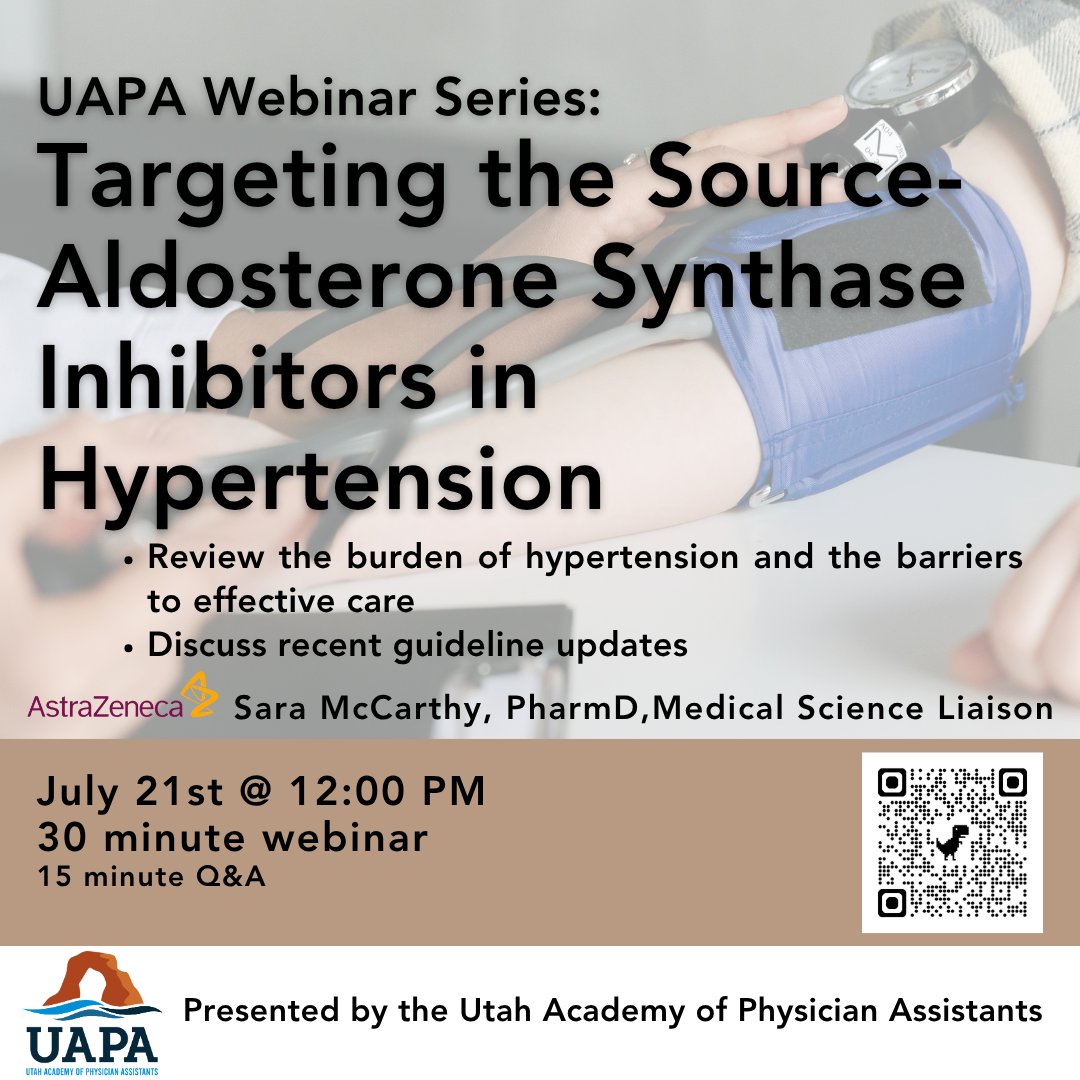 UtahAPA's tweet photo. 📢 New webinar: Targeting the Source: Aldosterone Synthase Inhibitors in Hypertension
Hypertension is still the #1 cause of CV death worldwide. 
🗓️ Tue, 7/21 @ 12pm
🎙️ Sara McCarthy, PharmD, BCCP (AstraZeneca)
📍 Register: https://t.co/mHt8AXKscn
#UtahPAs #CME https://t.co/F1MuMYPmQA