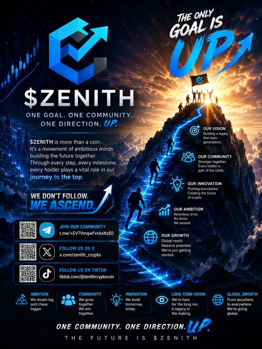 ZENlTH_Crypto's tweet photo. ⛰️ Every great journey starts with a single step.

Welcome to $ZENITH — a community built on ambition, persistence, and long-term growth.

No shortcuts. No empty promises. Just people committed to building something bigger together.

🚀 The mission is simple:
• Grow the community
• Build the brand
• Keep climbing

Every holder.
Every post.
Every milestone.
Every day.

The Only Goal Is UP. ⬆️

💬 Join the climb:
📢 Telegram: https://t.co/AISYBNtCvT

🐦 X: https://t.co/ImnLxhisuk

🎵 TikTok: https://t.co/Jpz3c5ymhT

❤️ Like • 🔁 Repost • 💬 Comment with “⬆️” if you’re climbing with us.

One Mission. One Community. One Direction. UP. #ZENITH