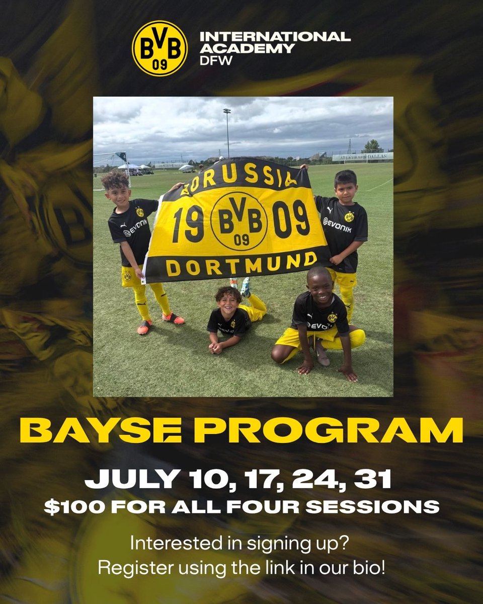 BVBIADFW's tweet photo. ⚫🟡 BAYSE Fridays kick off July 10!

Join us every Friday in July at Pro Touch Soccer Center for an evening of fun and development.

📅 July 10, 17, 24 &amp; 31
⚽ U6–U8 | 5:00–6:00 PM
⚽ U9–U11 | 6:00–7:00 PM

$100 covers all four sessions. Register through the link in our IG bio! https://t.co/fbAzyED4Zu