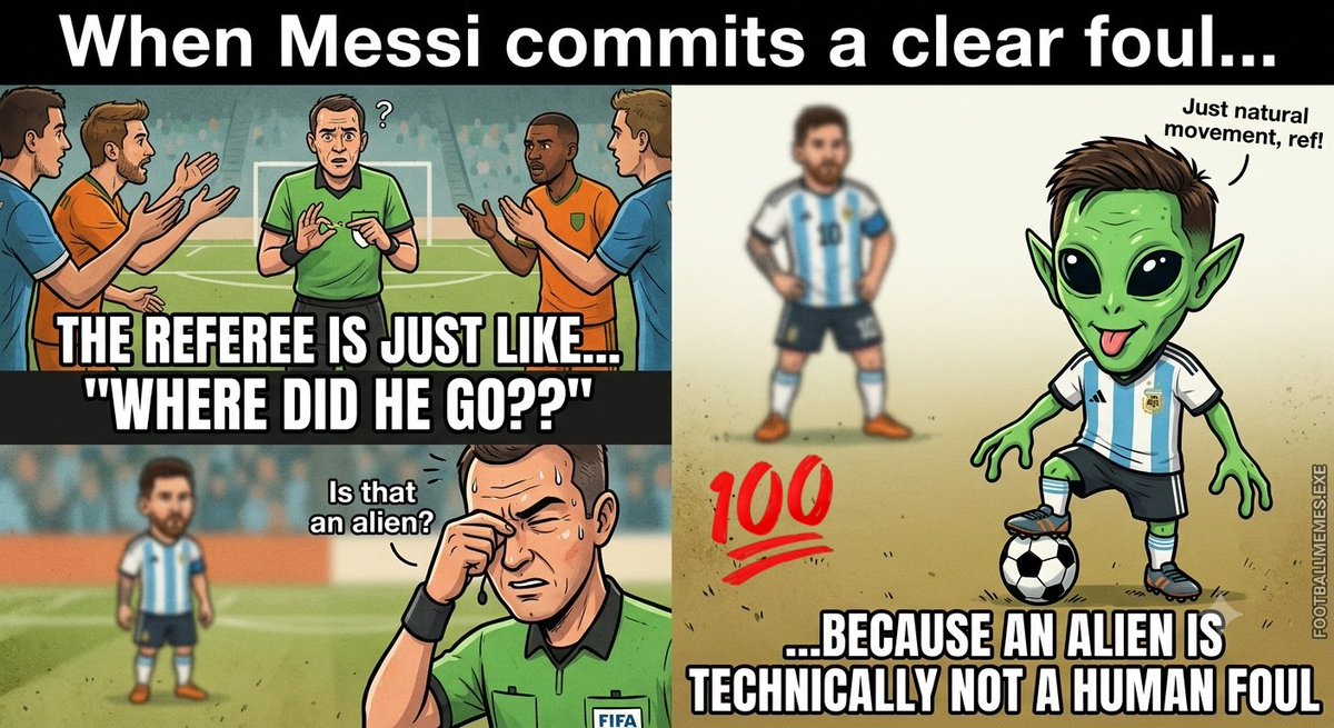 KernelCodes's tweet photo. Messi either an alien or John Cena coz Referees can't see him. https://t.co/majMHpFV4I