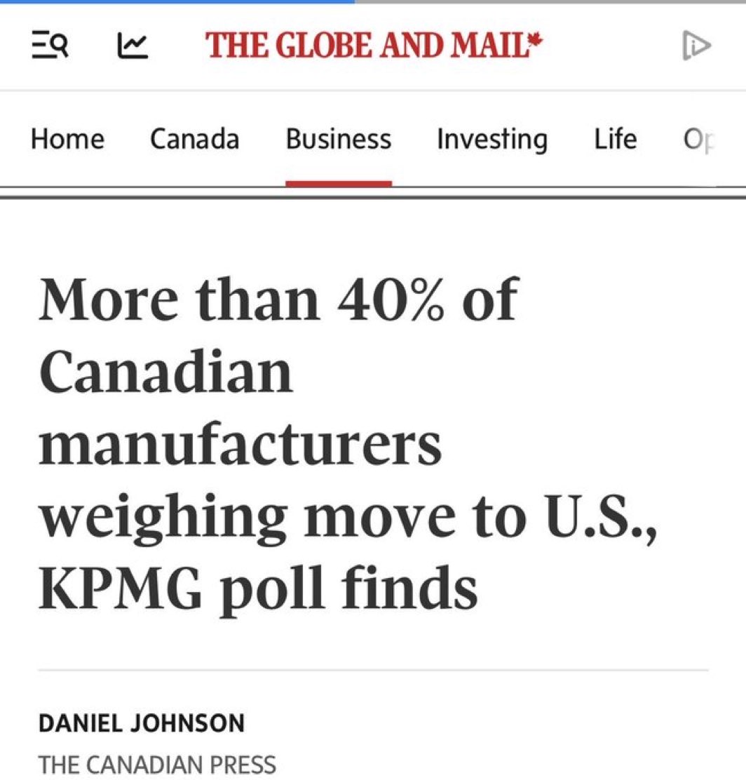 andrearthurciel's tweet photo. J’ai étudié en journalisme, donc je ne suis pas très bon en mathématique. 
 
Est-ce que c’est beaucoup 40%?

Parce qu’apparemment, selon ce média ontarien, 40% des manufacturiers canadiens songeraient à s’installer au sud de la frontière.

Elbows up!

* https://t.co/Lw2chyLW6F