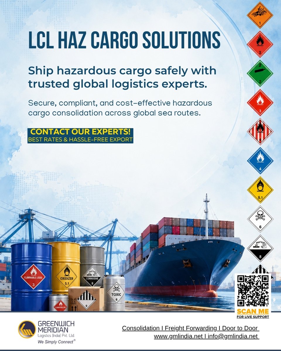 gmlogindia's tweet photo. 🚢 Not Every Hazardous Shipment Needs a Full Container.
Move your hazardous cargo safely and cost-effectively with our compliant LCL sea freight solutions.

#LCL #HazCargo #ImportExport #seafreight #gmlindia #greenwichmeridianlogistics https://t.co/dVwZw3mSC2