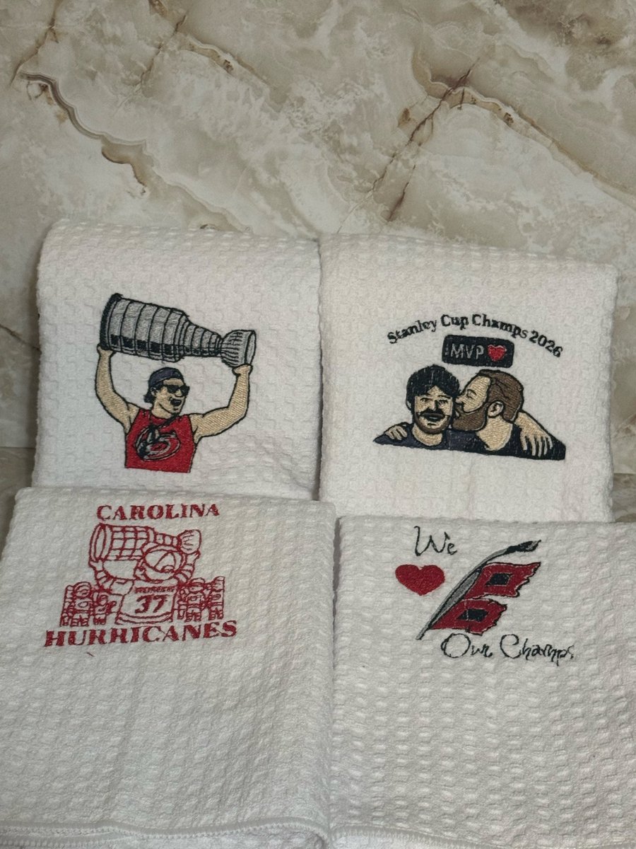 boring_jen20's tweet photo. I had fun with these! New Stanley cup towels, bag charms and pony holders. #carolinahurricanes #Stanleycupchamps #letsgocanes #RandomStitchesbyJen on Etsy https://t.co/GjfEnKwso4