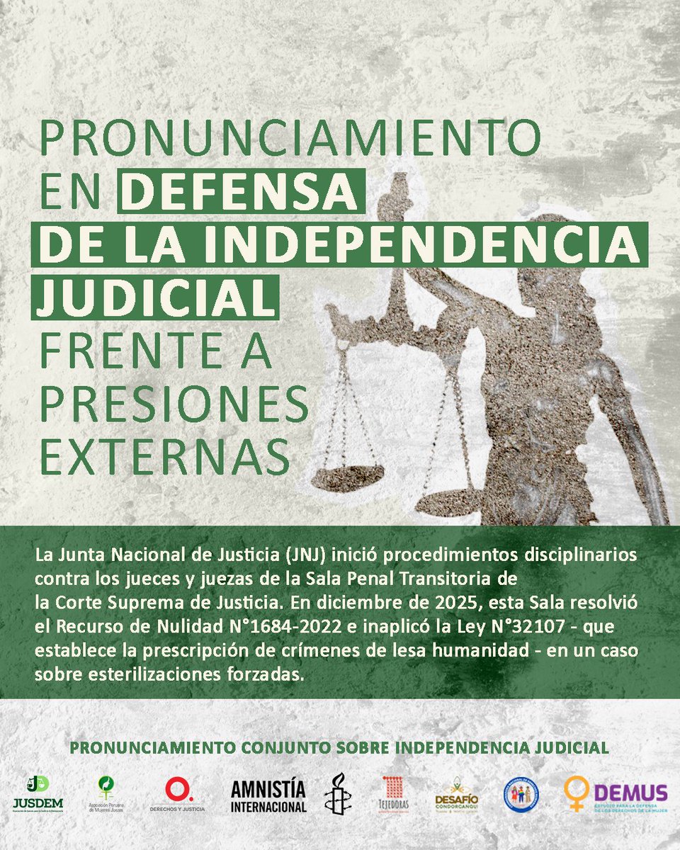 Apmjperu's tweet photo. 👩🏽‍⚖️👨🏽‍⚖️ Pronunciamiento en defensa de la independencia judicial frente a presiones externas

📄 Accede al pronunciamiento completo:
https://t.co/zigYEJPxUt https://t.co/fLhzaO9kev