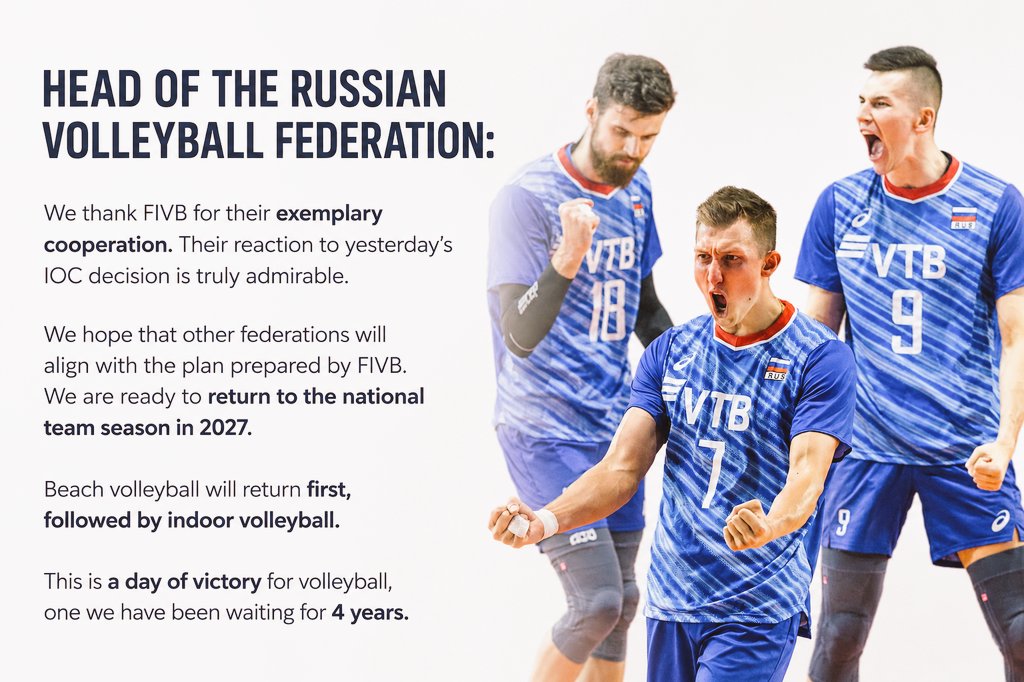 Jakub110Jakub's tweet photo. ❗️ 🇷🇺 SZEF ROSYJSKIEJ
FEDERACJI PIŁKI SIATKOWEJ:

🎙: - Dziękujemy FIVB za wzorową współpracę. Ich reakcja na wczorajszą decyzję MKOL-u jest godna podziwu. 

Liczymy, że inne federacje dostosują się do planu przygotowanego przez FIVB. Jesteśmy gotowi do powrotu na sezon reprezentacyjny 2027.

Najpierw powróci siatkówka plażowa, następnie halowa. To dzień zwycięstwa dla siatkówki, na który czekaliśmy 4 lata❗️

Foto: Volleyball World 
#podsiatka