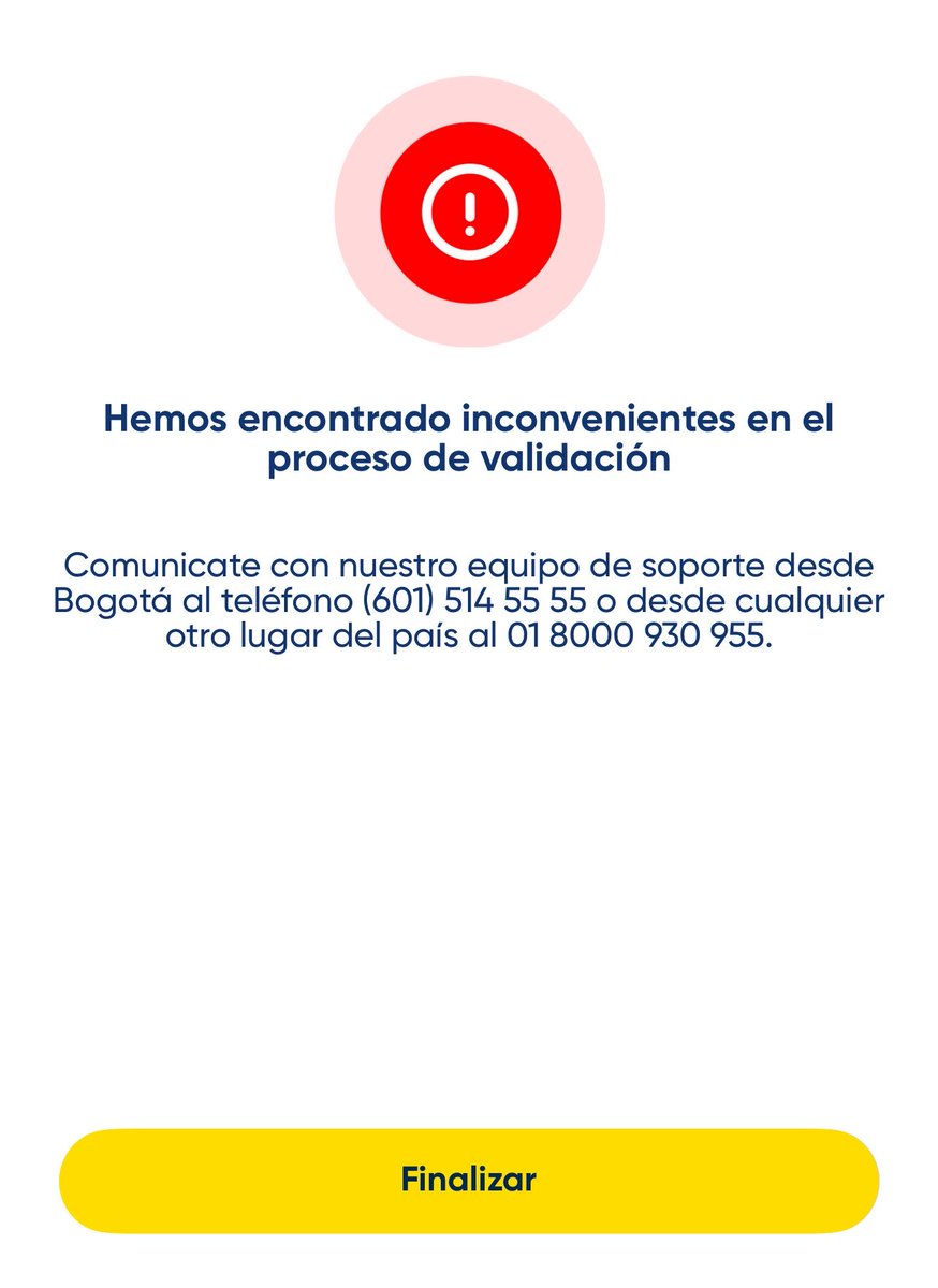 andregomezh's tweet photo. @Pibank_co 2 semanas y no he podido ingresar a mi app, me pide actualizar mis datos y posteriormente una verificación de identidad que hago paso a paso y me dice que fue exitosa, y después de unos segundos, me muestra este mensaje y no me permite acceder. https://t.co/agBuKitqen