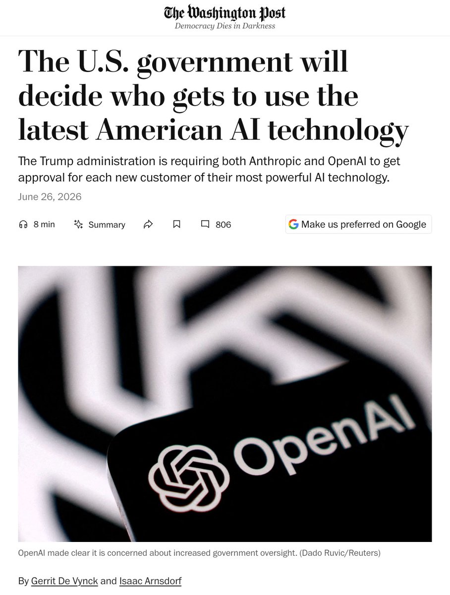 Umesh_Sachdev's tweet photo. I recently spoke with @GerritD of the @washingtonpost about the U.S. government expanding its vetting of companies seeking access to the newest AI models.

Markets love predictability. Regulations for AI are still catching up to the speed of AI innovation, and that gap makes the process feel ad hoc and unpredictable. I'm optimistic this settles down, the same way it has for every major technology before it.

But it's a good reminder for businesses to stay in control of their own destiny. Open-weight SLMs, fine-tuned on enterprise data and run on-premises or in a secure cloud, give enterprises full sovereignty over their models and data instead of depending on external approvals or availability.