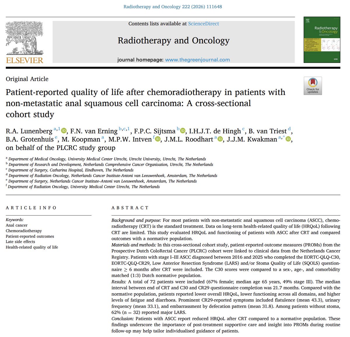 NiuSanford's tweet photo. Important survivorship data for anal SCC. Definitive chemoRT achieves cure in most, but w substantial functional cost. In PRO study, 62% of pts w/o stoma had major LARS.

De-escalation RCTs (DECREASE fully accrued, PLATO-ACT4 w early results) critical for improving QOL @OncoAlert https://t.co/bVGzwCJpjs