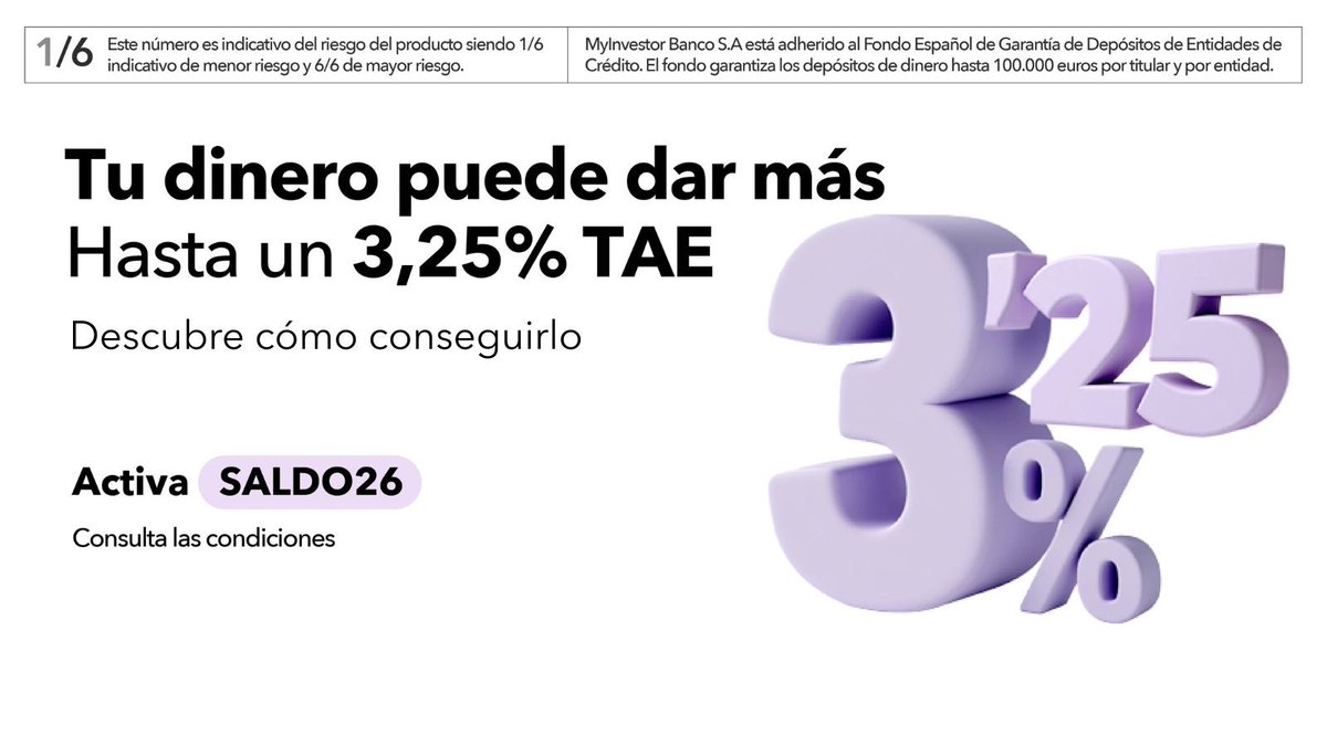 rentasextra's tweet photo. Ya cliente: activa la promo Saldo26 y trae dinero nuevo (>1.000 €).

Si te haces Premium → hasta 3,25% TAE 🔥
Usa mi código 👉🏻 VJTQA 👈🏻 y gana 25 € gratis. https://t.co/mix2OV5M8R