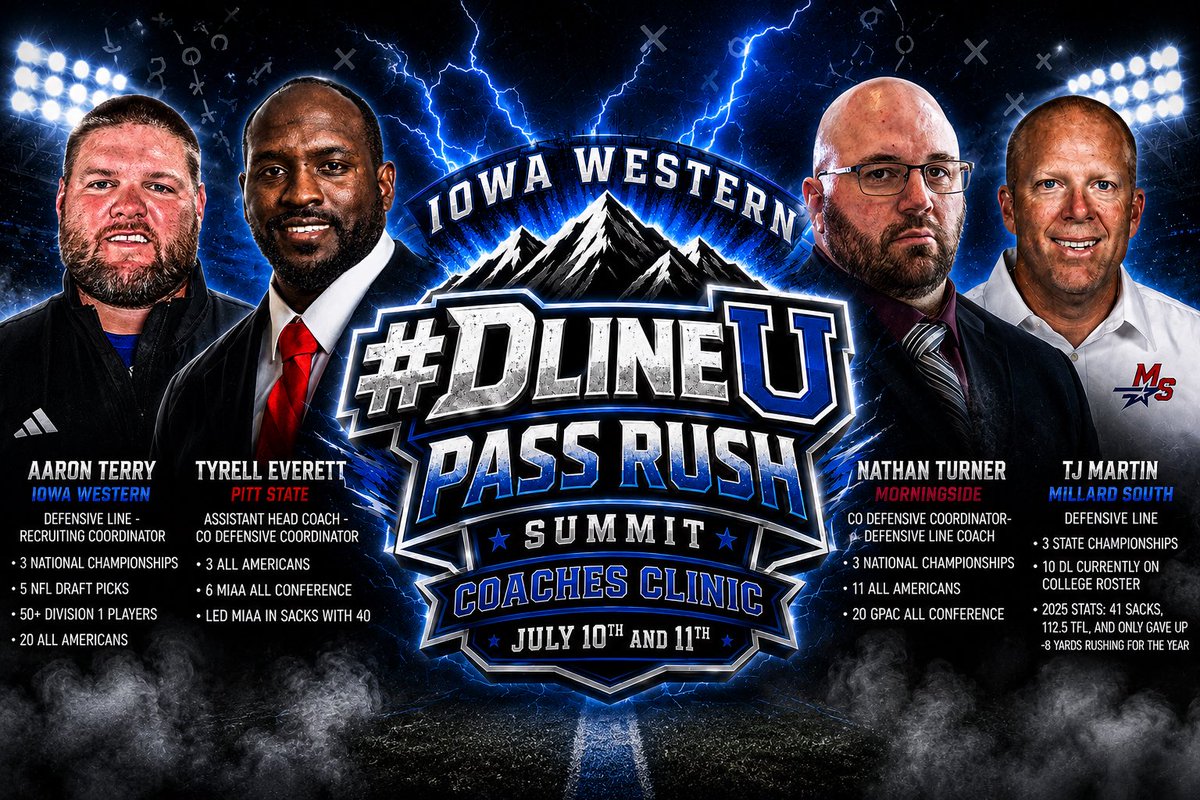 CoachAaronTerry's tweet photo. 2 Days Away!

We’re fired up to host the 1st #DLineU Coaches Clinic and kick off an outstanding weekend of learning, development, and competition.

From the Coaches Clinic on Friday to the #DLineU Pass Rush Summit on Saturday, it’s all about growing the game, sharpening your craft, and raising the standard.

See you in the Bluffs.

#DLineU #PassRushSummit #CoachDevelopment