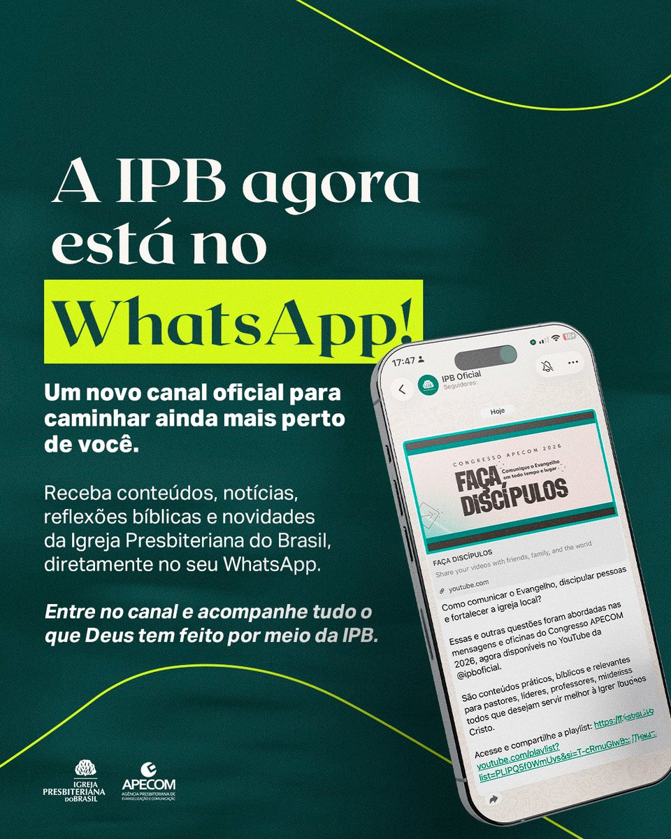 ipboficial's tweet photo. A IPB agora conta com um Canal Oficial no WhatsApp, criado para aproximar ainda mais você da vida da nossa denominação.

Você encontra: notícias e comunicados, reflexões, programas da IPB, campanhas, eventos e muito mais.

Acesse em: https://t.co/glLDcGdQ15 https://t.co/8vSlXL3gdj