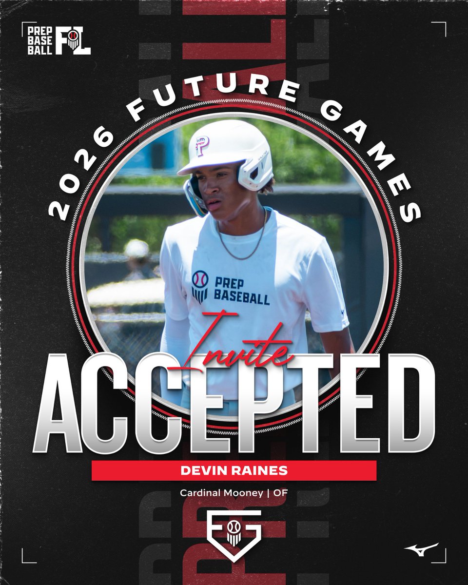 PrepBaseballFL's tweet photo. 𝗙𝘂𝘁𝘂𝗿𝗲 𝗚𝗮𝗺𝗲𝘀 𝗜𝗻𝘃𝗶𝘁𝗲 𝗔𝗰𝗰𝗲𝗽𝘁𝗲𝗱 ✅

'28 OF @Devin_Raines1 (Cardinal Mooney) has accepted his invite to the top uncommitted event in the country, the 2026 Future Games.

See you there, Devin 👊

👤: https://t.co/onpSwlvMit

#PBFG26 | @Mooney_Baseball https://t.co/pEzttgBELE