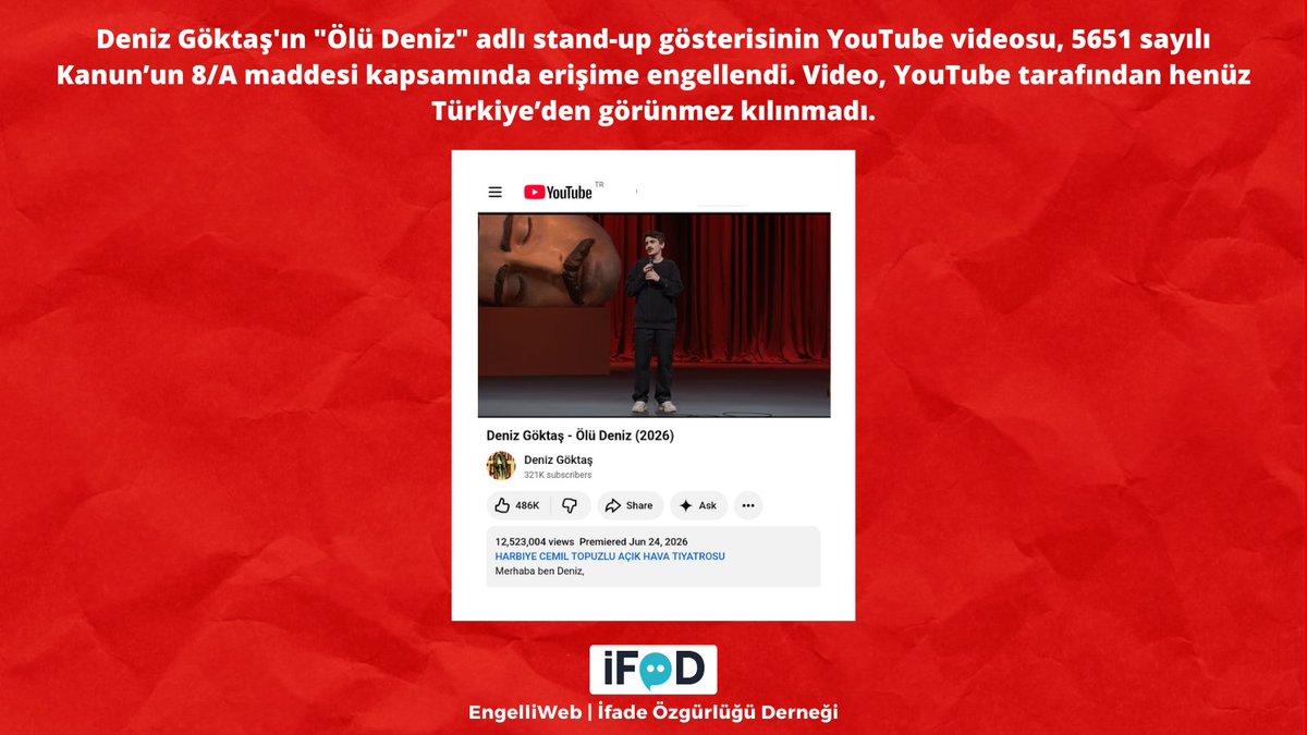 engelliweb's tweet photo. Deniz Göktaş'ın yaklaşık 12,5 milyon kez izlenen "Ölü Deniz" adlı stand-up gösterisinin YouTube videosu, 5651 sayılı Kanun'un 8/A maddesi kapsamında erişime engellendi.

Video, YouTube tarafından henüz Türkiye'den görünmez kılınmadı. https://t.co/FIVeIhSwHn https://t.co/yhywpa90r2
