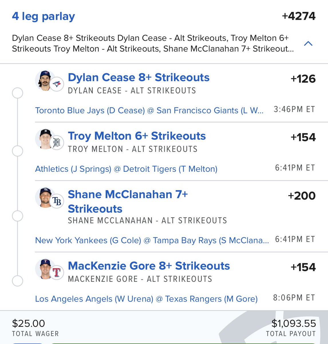 thelawyerbets's tweet photo. Ks anyone??  My three favorite K props and main plays today are:

Melton over 4.5
Gore over 6.5
Prielipp over 5.5

Here are a couple of fun longshot K lottos I ran as well https://t.co/nAbhL93nZI