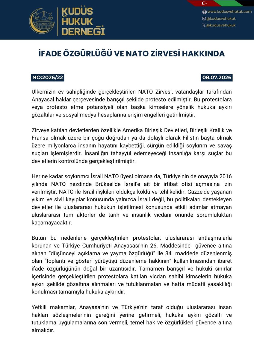 kudusvehukuk's tweet photo. NATO ile İsrail ilişkileri oldukça köklü ve tehlikelidir. NATO zirvesine yönelik gerçekleştirilen protestolar, uluslararası antlaşmalarla ve Anayasa'ca korunan ifade özgürlüğünün doğal bir uzantısıdır.

#GazaGenocide‌ 
#natosansürü https://t.co/9v2kUXwGC8