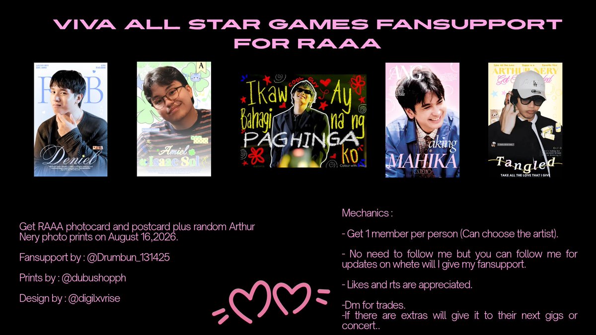 Drumbun_131425's tweet photo. Fansupport by @Drumbun_131425
For RAAA #VivaAllStarGames2026
See post for more details
Support Team Viva Records especially RAAA🙂
#RobDeniel
#AmielSol
#Adie
#ArthurNery
Prints by: @dubushopph
Designs by : @digilxvrise https://t.co/DUh2ZIvG0t