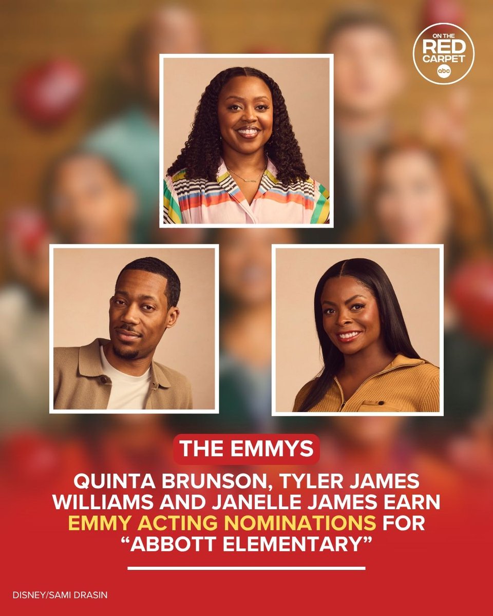 OnTheRedCarpet's tweet photo. "Abbott Elementary" has been nominated for Outstanding Comedy Series at the Emmys! 
 
It earned 7 overall this year, including Lead Actress In A Comedy for Quinta Brunson, and Supporting Actor and Actress In A Comedy for Tyler James Williams and Janelle James.
 
Stream the series now on Hulu and Disney+. 
 
See the full list of nominations: https://t.co/wbwiy408hY