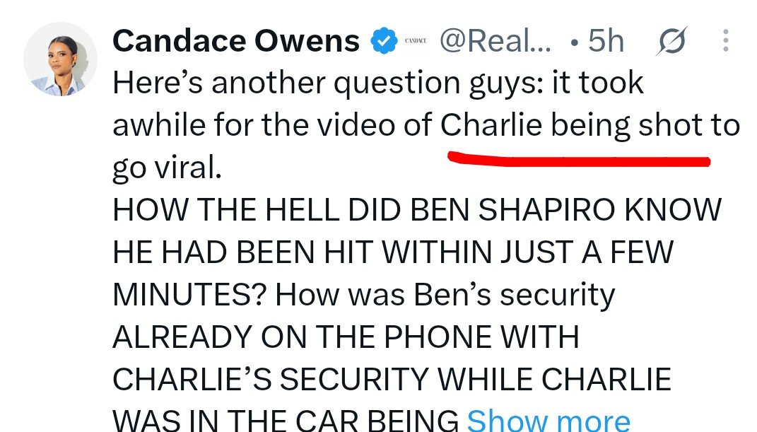 KingOffX_'s tweet photo. Candace Owens flips AGAIN.

Before: Charlie was SHOT!

Later: No no, his mic exploded, he wasn’t shot!

Now: Charlie was SHOT!

How do people still believe a single word out of this lying clown’s mouth? https://t.co/mWbAkpQQBG