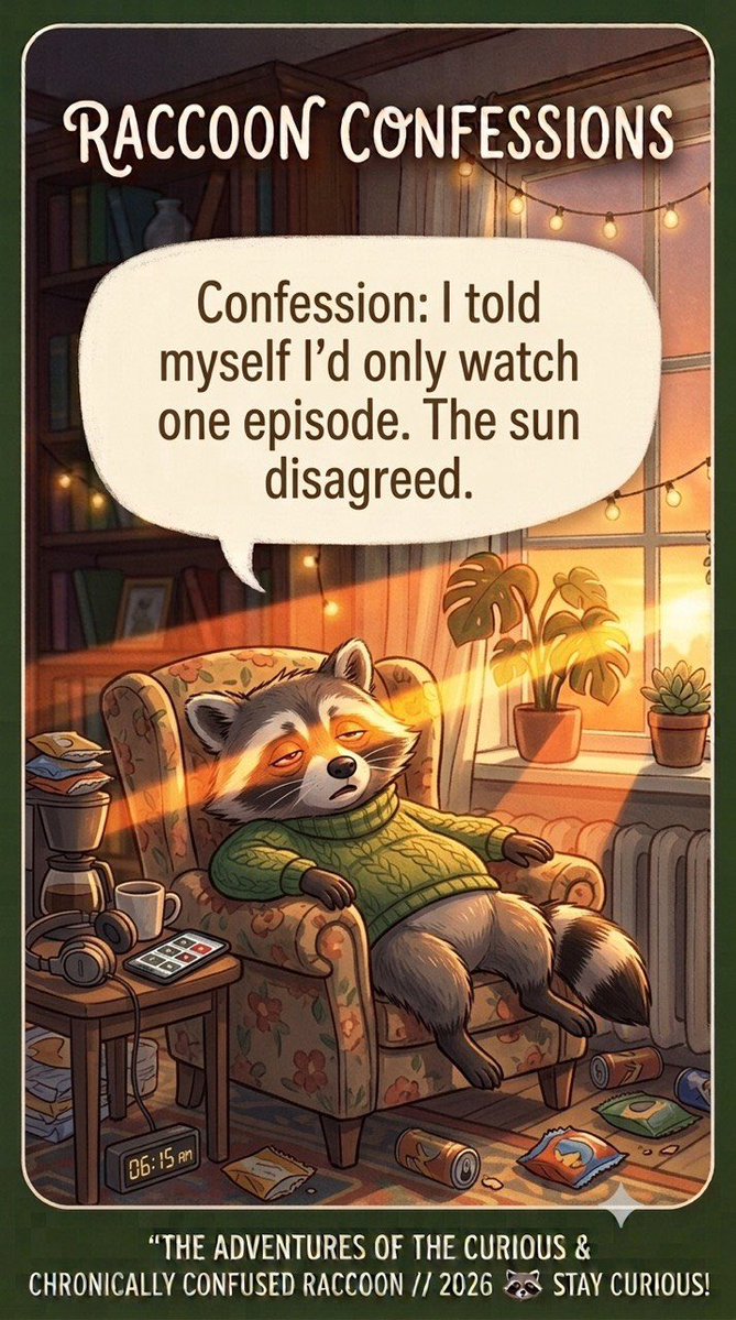 vaginova1988's tweet photo. ๐ How many episodes did you actually watch last night? Confess in the comments! ๐
#RaccoonConfessions #TheAdventuresofTheCuriousAndChronicallyConfusedRaccoon #BingeWatching #JustOneMoreEpisode #SleepIsAMyth https://t.co/KOPUaPYmkn