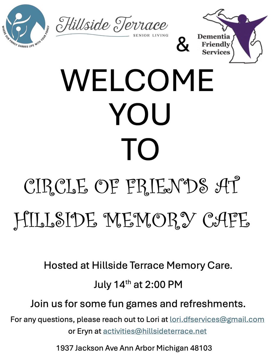 HillsideCareHme's tweet photo. 📅 Save the Date! Join us for a Memory Café at Hillside Terrace on July 14 at 2 PM. Enjoy games, refreshments, and community support for those experiencing memory loss. 💜 Questions? Contact us (734) 761-4451. #DementiaFriendly #MemoryCare #SeniorLiving https://t.co/hfEplmhFf0
