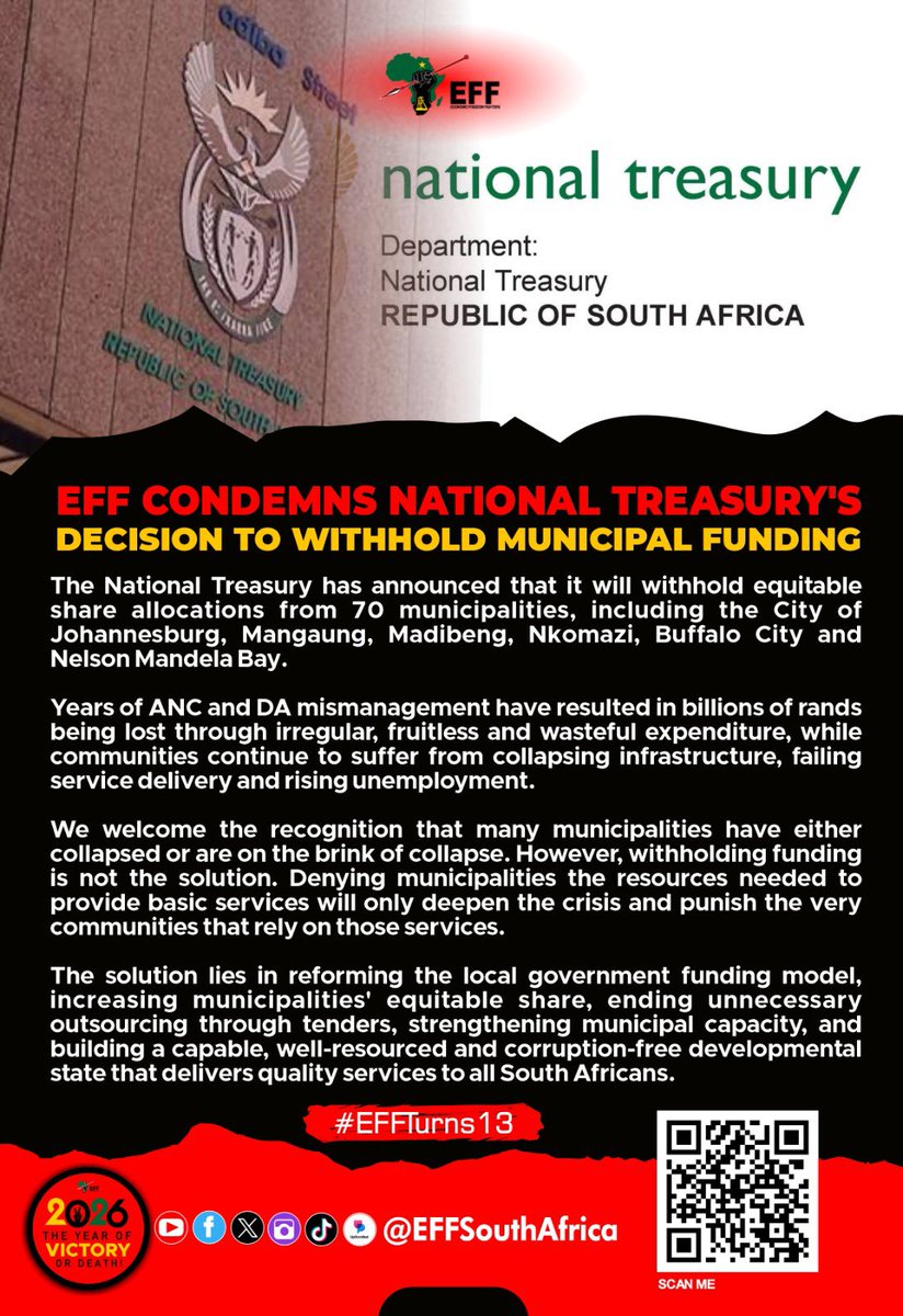EFFSouthAfrica's tweet photo. EFF CONDEMNS NATIONAL TREASURY'S DECISION TO WITHHOLD MUNICIPAL FUNDING

Register To Vote EFF In The 2026 Local Government Elections To Be Held On The 4th of November 2026

Link: https://t.co/ydvMdsh0Mb https://t.co/zc1PhNJ11a