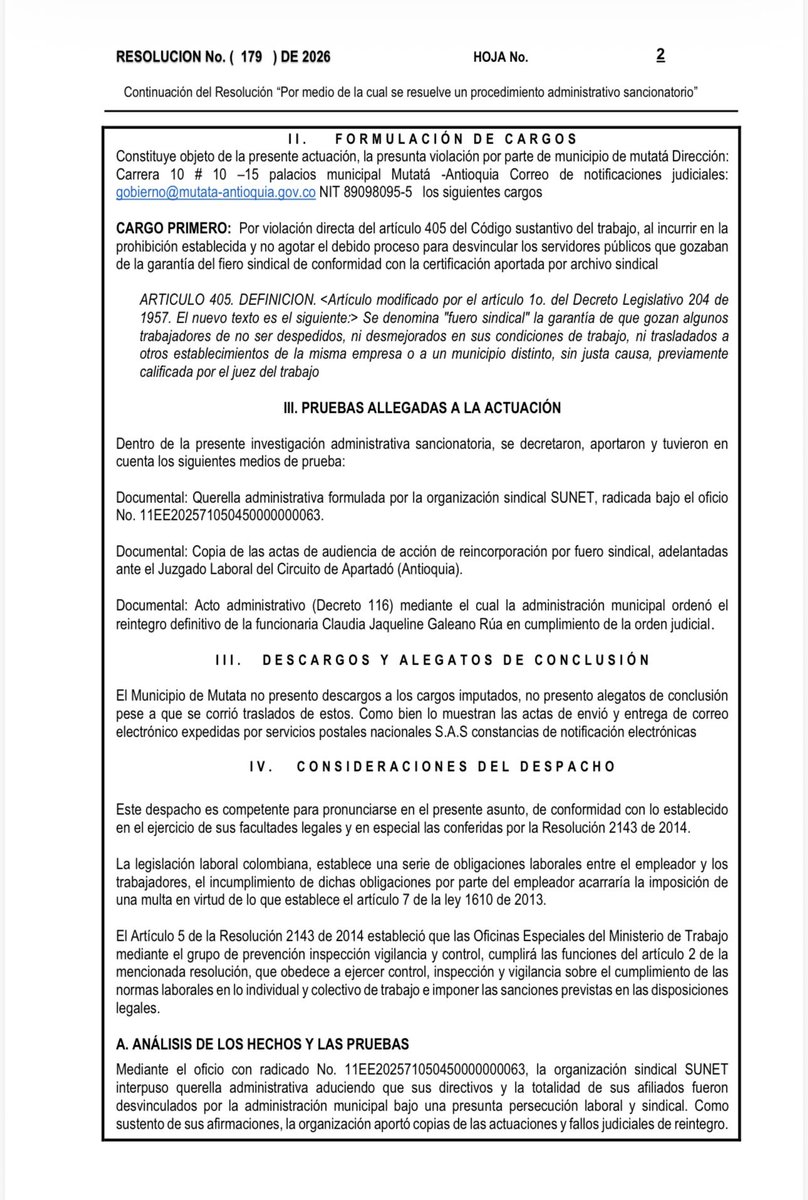 sunetcolofc's tweet photo. @sunetcolofc celebra la sanción por $254.310.000 impuesta por @MintrabajoCol a la Alcaldía @de_mutata en virtud de la violación de derechos sindicales a directivos de @SunetMutata, llegaremos hasta la exigencia de la acción por repetición.
Los derechos laborales se respetan 🇨🇴💪🏻 https://t.co/GHrxxidOlC