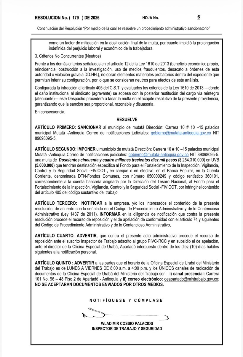 sunetcolofc's tweet photo. @sunetcolofc celebra la sanción por $254.310.000 impuesta por @MintrabajoCol a la Alcaldía @de_mutata en virtud de la violación de derechos sindicales a directivos de @SunetMutata, llegaremos hasta la exigencia de la acción por repetición.
Los derechos laborales se respetan 🇨🇴💪🏻 https://t.co/GHrxxidOlC